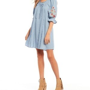 Chelsea Violet Embroidered Floral Chambray Cotton Denim Shirt Dress Boho Small